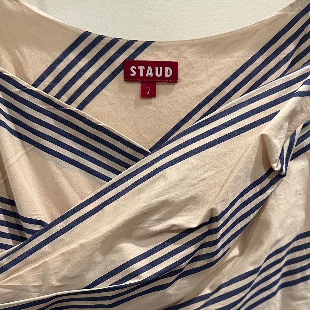 STAUD Beige and Navy Striped Top